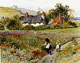 Path Canvas Paintings - Children Playing On A Path, Cottages Beyond